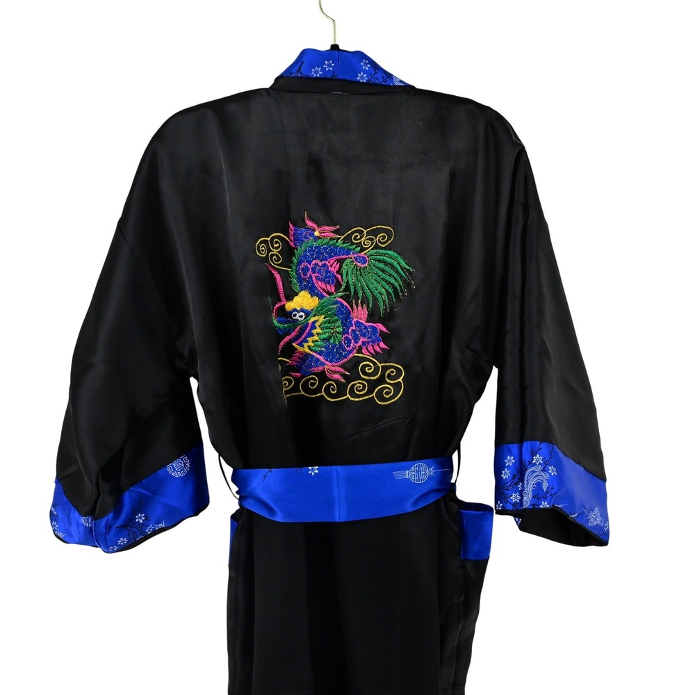 VTG Reversible Phoenix Dragon Kimono Robe Silk Satin Black Blue Pristine Boho - Picture 10 of 15